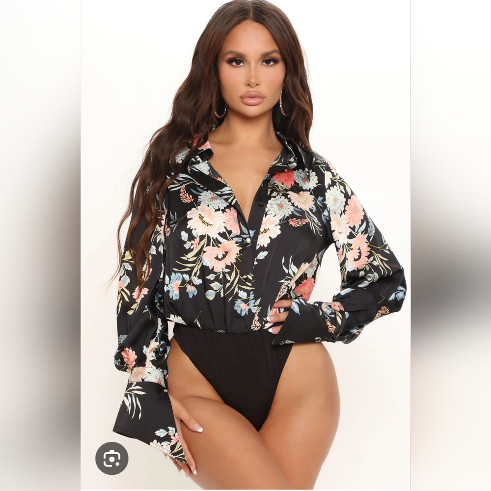 Fashion Nova Black Floral Satin Long-Sleeve Bodysuit